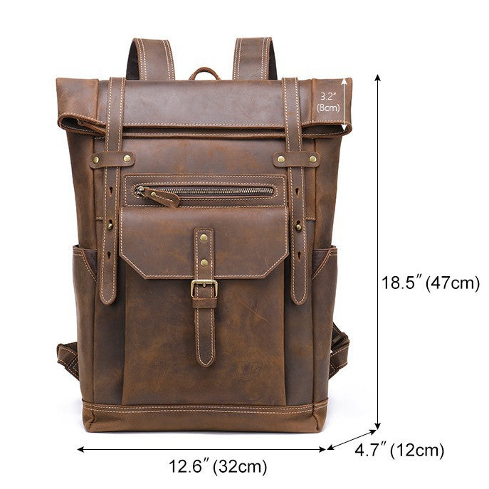 Handmade Full-Grain Leather Men's Backpack, Rugged Retro Daypack for Business & Outdoor Adventures