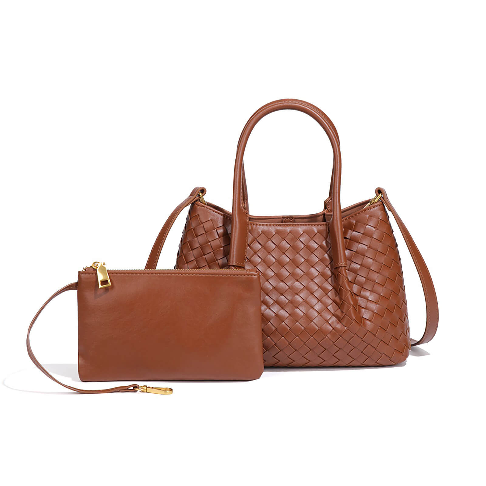 Designer Woven Tote Bag with Matching Wristlet – Elegant Shoulder & Top-Handle Purse