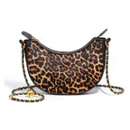 Leopard Print Crescent Bag with Chain Strap | Animal Print Evening Shoulder Bag
