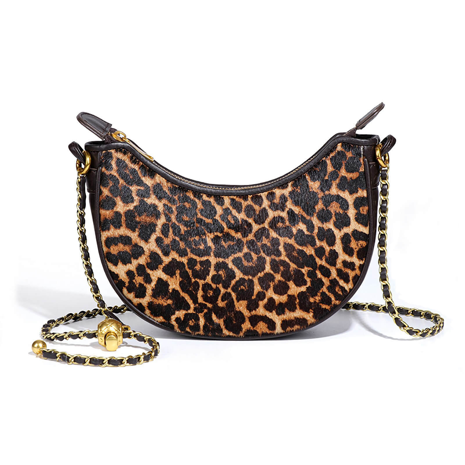 Leopard Print Crescent Bag with Chain Strap | Animal Print Evening Shoulder Bag