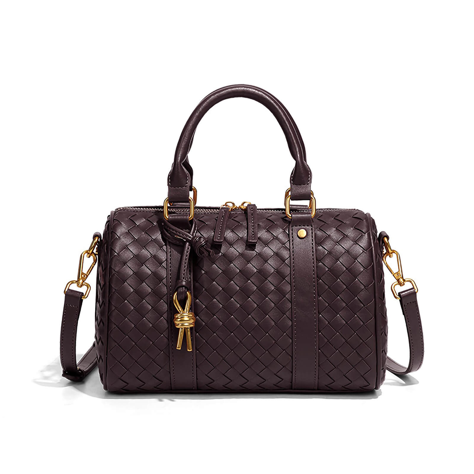 woven leather barrel bag